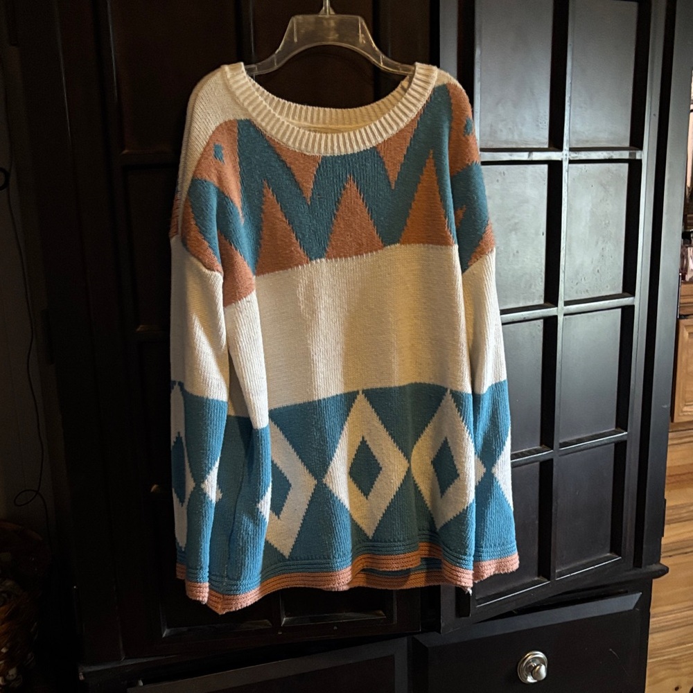Cozy Casual Cream, Blue & Tan Geometric Crewneck Sweater